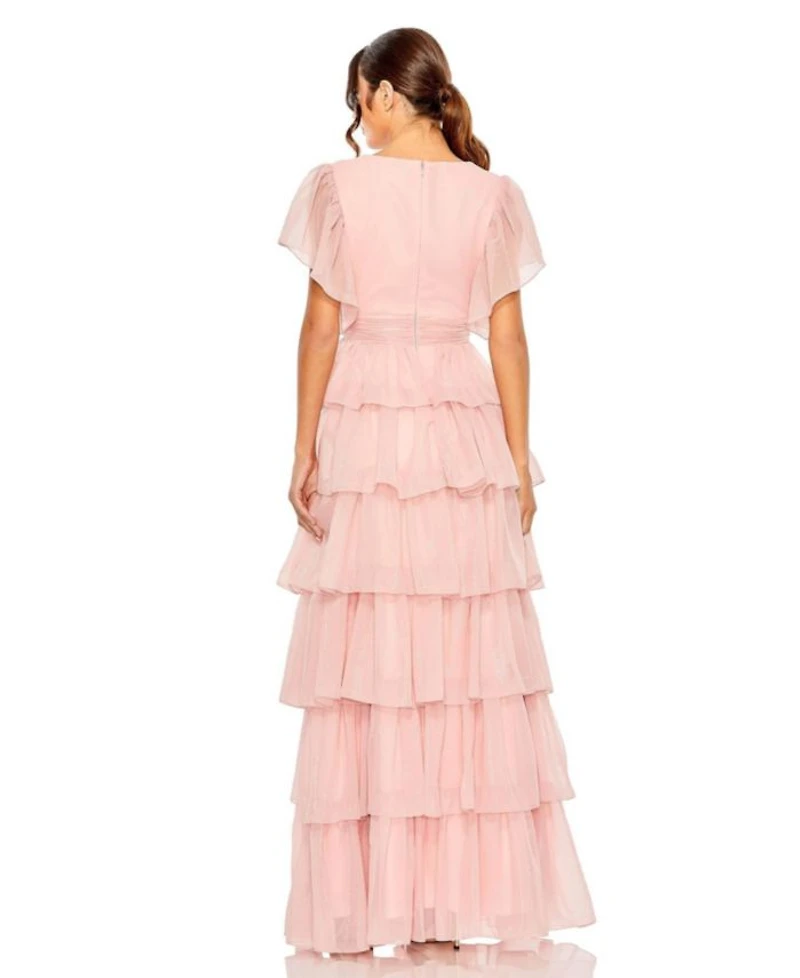 Flutter Sleeve Ruffle Tiered Gown