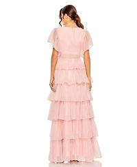 Flutter Sleeve Ruffle Tiered Gown