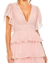 Flutter Sleeve Ruffle Tiered Gown