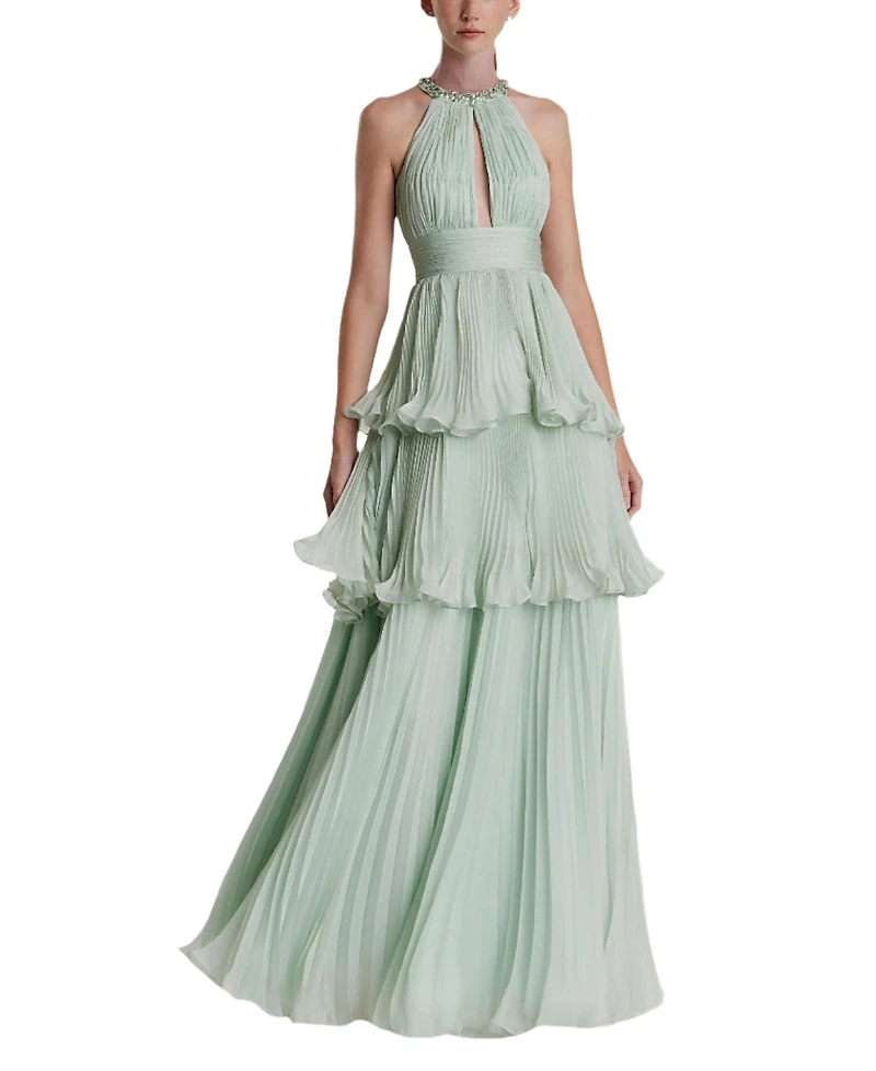 Mac Duggal High Neck Chiffon Tiered Gown with Cut Out