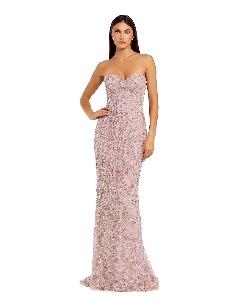 Mac Duggal Beaded Satin Rose Cape Strapless Bustier Gown