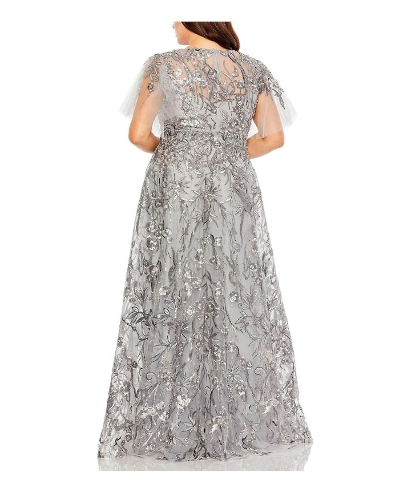 Plus High Neck Flutter Sleeve Embellished A-Line Gown