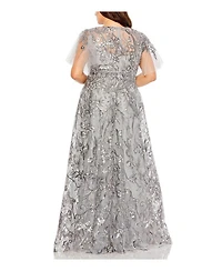 Plus High Neck Flutter Sleeve Embellished A-Line Gown