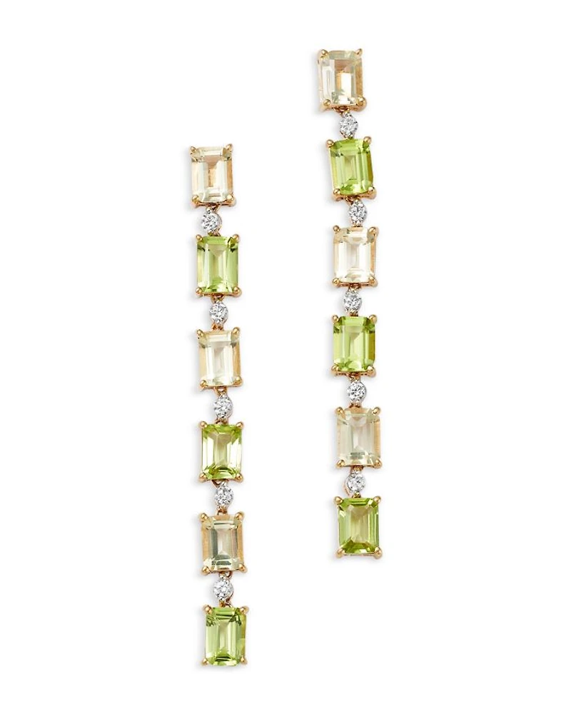 Peridot, Lemon Quartz & Diamond Linear Drop Earrings in 14K Yellow Gold