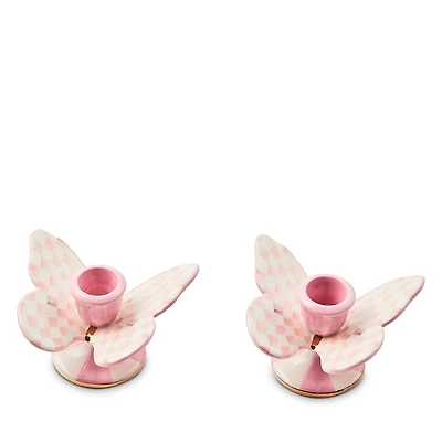 Mackenzie-Childs Rosy Check Butterfly Candle Holders, Set of 2