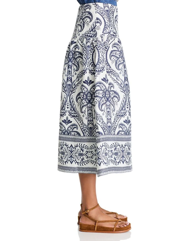 Tropical Cameo Linen Midi Skirt