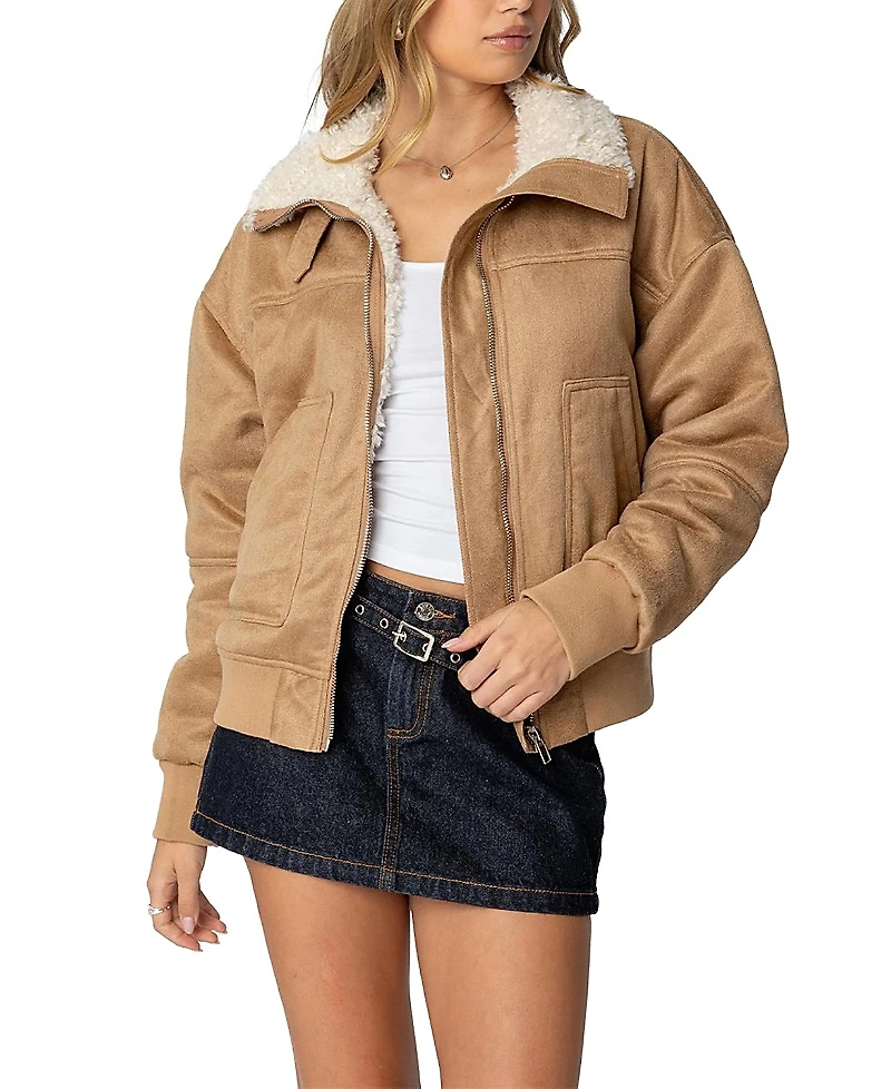 Edikted Faux Suede Shearling Bomber Jacket