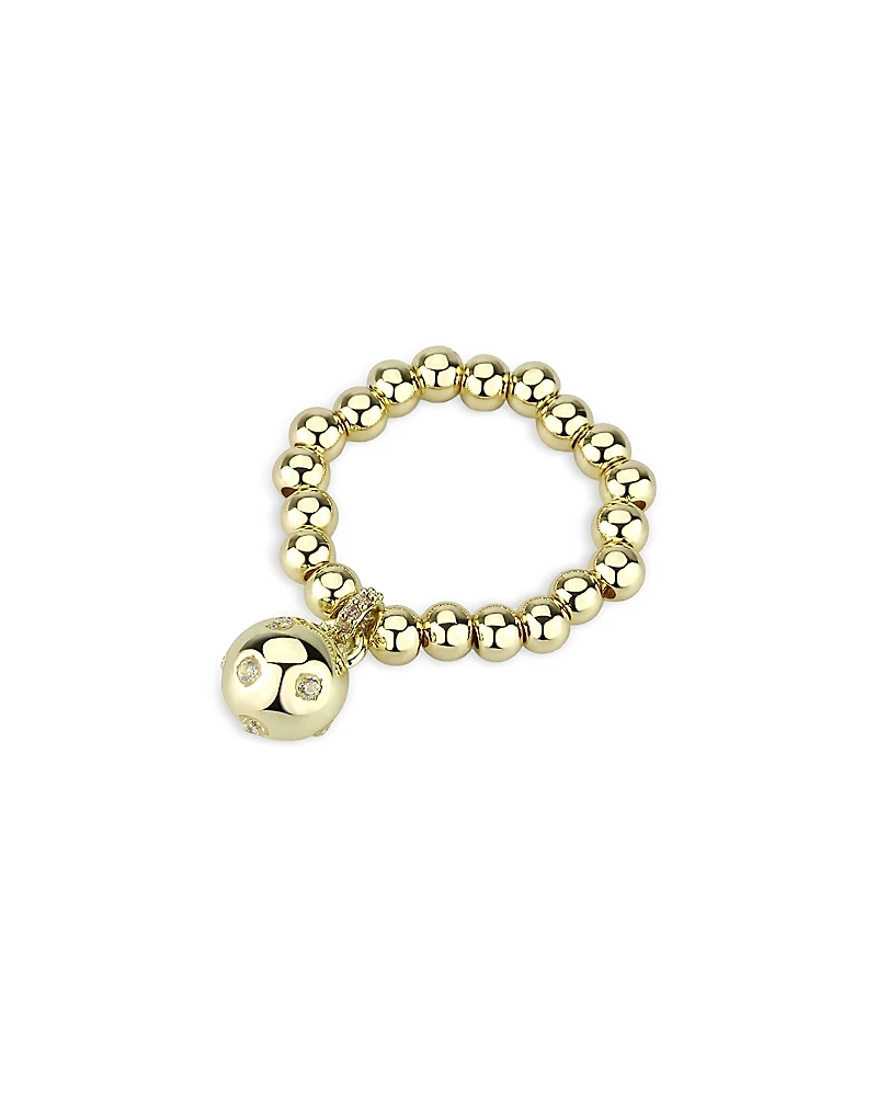 Aqua Cubic Zirconia & Yellow Gold Tone Bead Stretch Ring - Exclusive