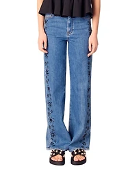 Embroidered Rhinestone High Rise Jeans Blue