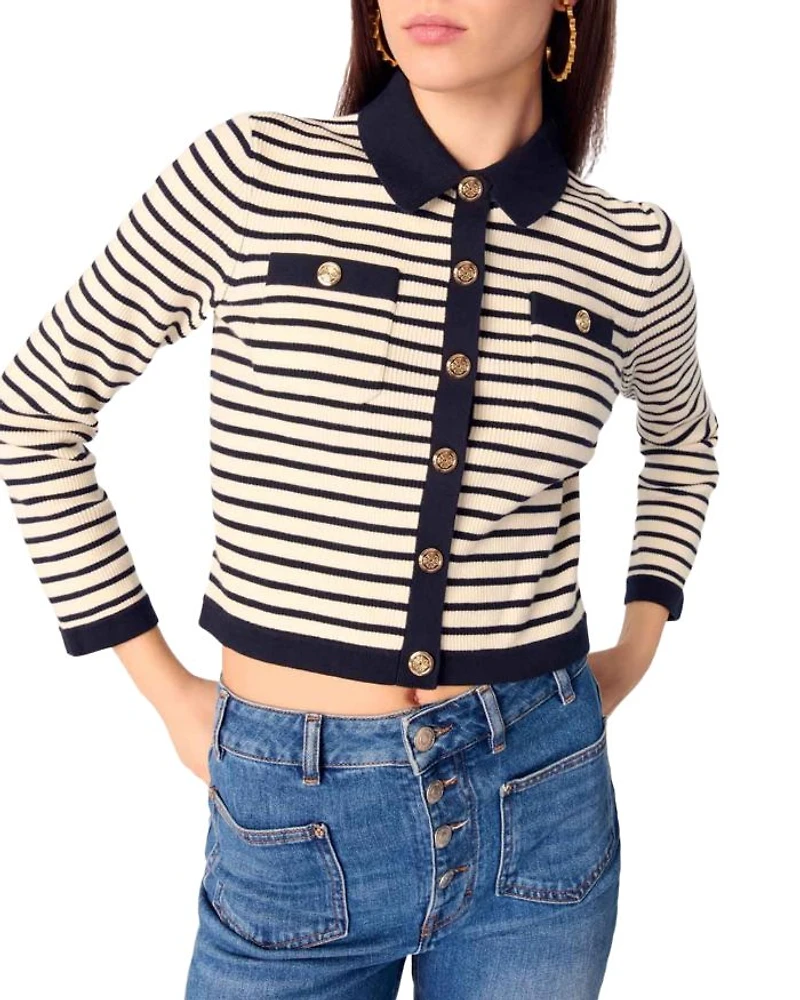 Cropped Rib Knit Shirt Collar Cardigan