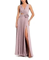 Mac Duggal Ruched Chiffon Sleeveless Gown with 3D Flower