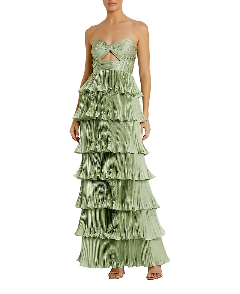Mac Duggal Pleated Charmeuse Strapless Tiered Ruffle Gown