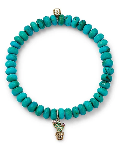 Sydney Evan 14K Yellow Gold Diamond, Pink Sapphire & Emerald Potted Plant Charm Beaded Bracelet