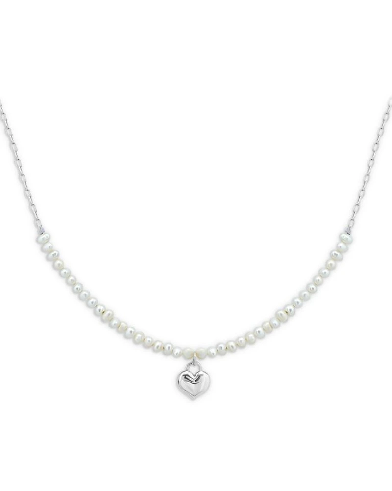 Heart & Cultured Freshwater Pearl Pendant Necklace in Sterling Silver, 16"-18"