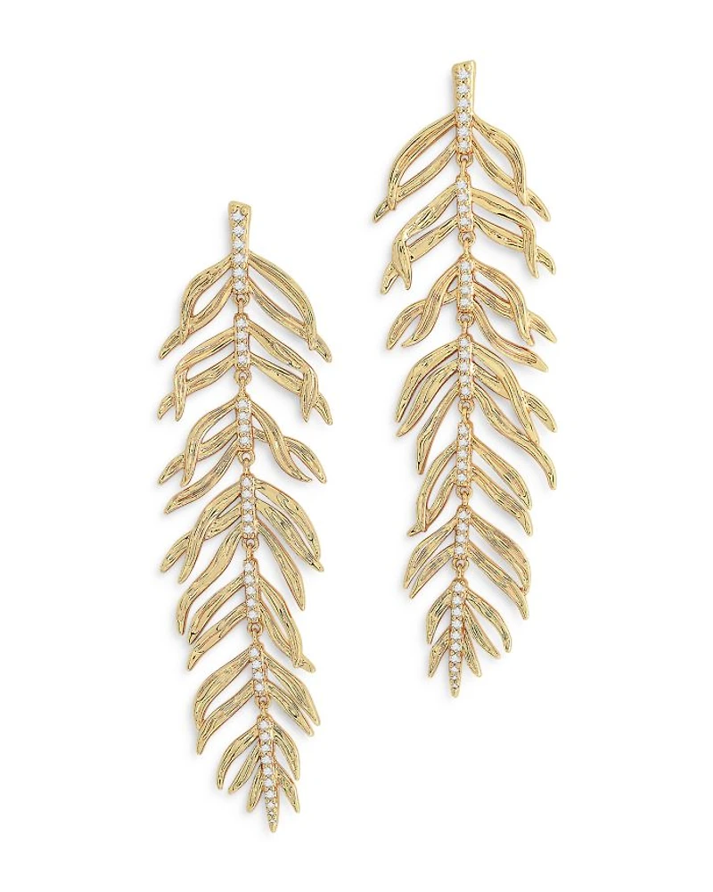 Pavé Palm Leaf Linear Drop Earrings in 18K Gold Plated