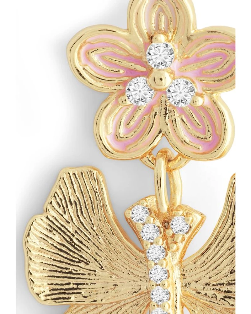 Pavé Butterfly & Flower Drop Earrings in 18K Gold Plated