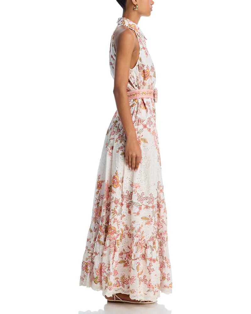 Floral Buckle Belt Button Front Maxi Dress