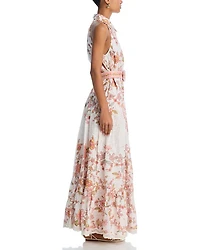 Floral Buckle Belt Button Front Maxi Dress