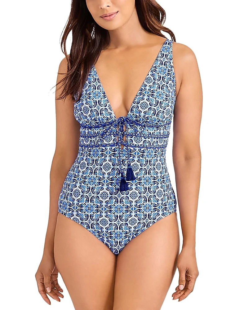 Tommy Bahama Terrazzo Tile Tie Front One Piece Swimsuit