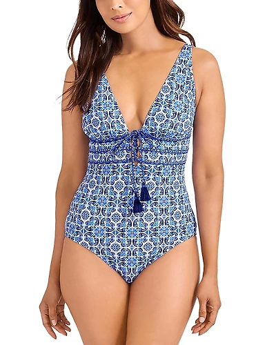 Tommy Bahama Terrazzo Tile Tie Front One Piece Swimsuit