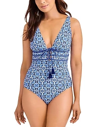 Tommy Bahama Terrazzo Tile Tie Front One Piece Swimsuit