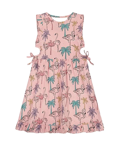 Deux par Girls' Printed Organic Cotton Dress with Cut Outs Palm Trees, Flamingo - Little Kid