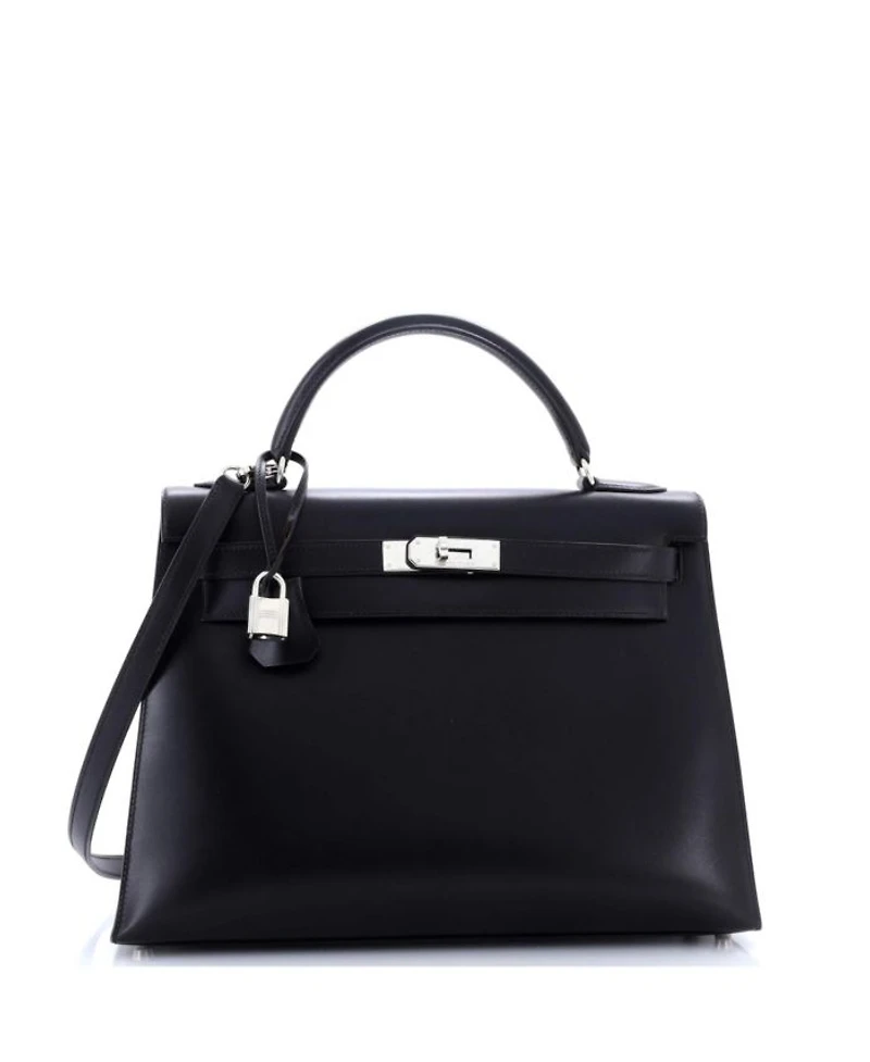 Kelly 32 Handbag Black Box Calf with Palladium Hardware