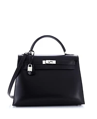Kelly 32 Handbag Black Box Calf with Palladium Hardware