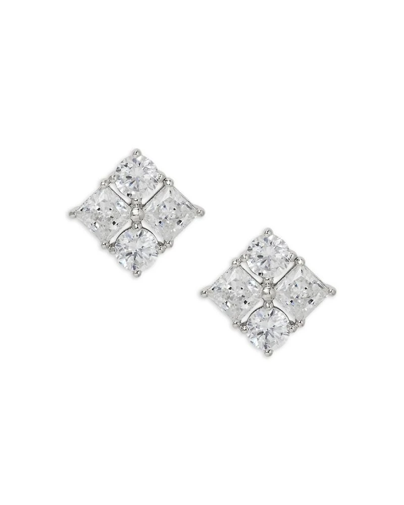 Cubic Zirconia Cluster Stud Earrings in Rhodium Plated