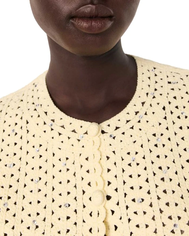 Cropped Rhinestone Crochet Cardigan