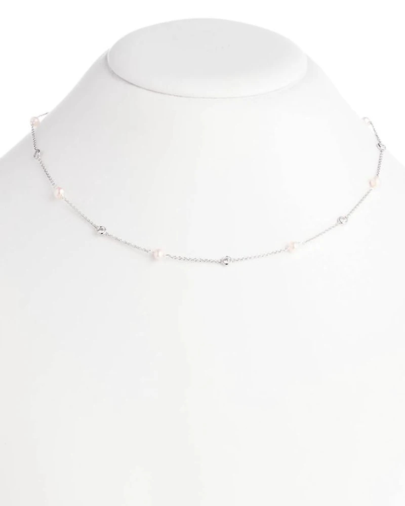Cubic Zirconia & Cultured Freshwater Pearl Collar Necklace in Sterling Silver, 18"-21"