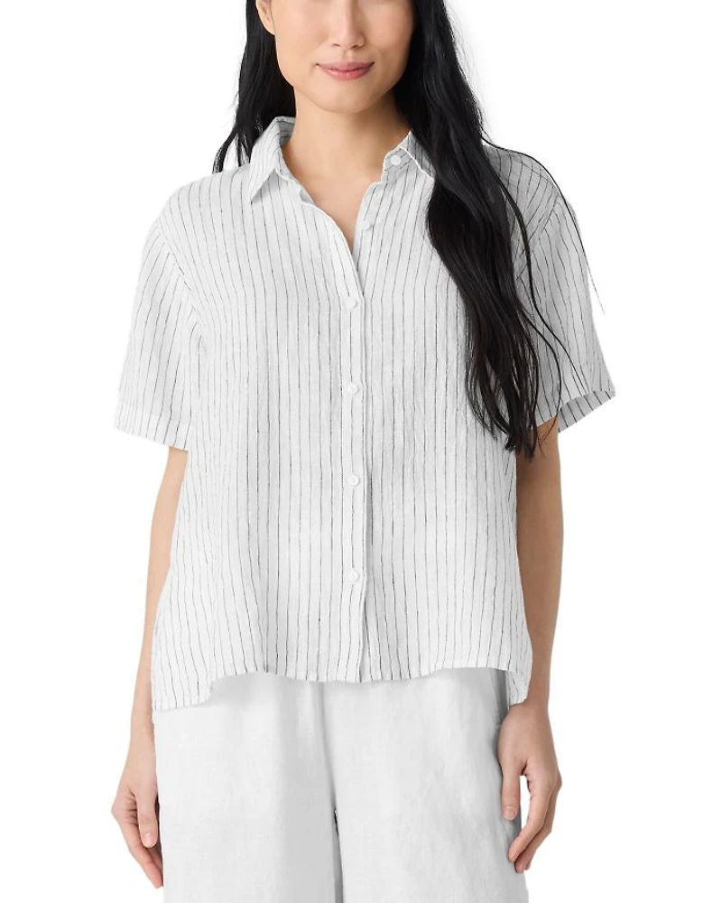 Puckered Linen Striped Short Sleeve Shirt