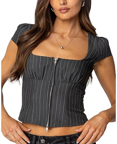 Edikted Keni Pinstripe Zip Up Top