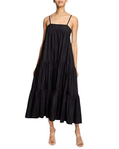 Itzel Sleeveless Multi-Tier Midi Dress with Shoulder Straps and Side Pockets Cotton Poplin