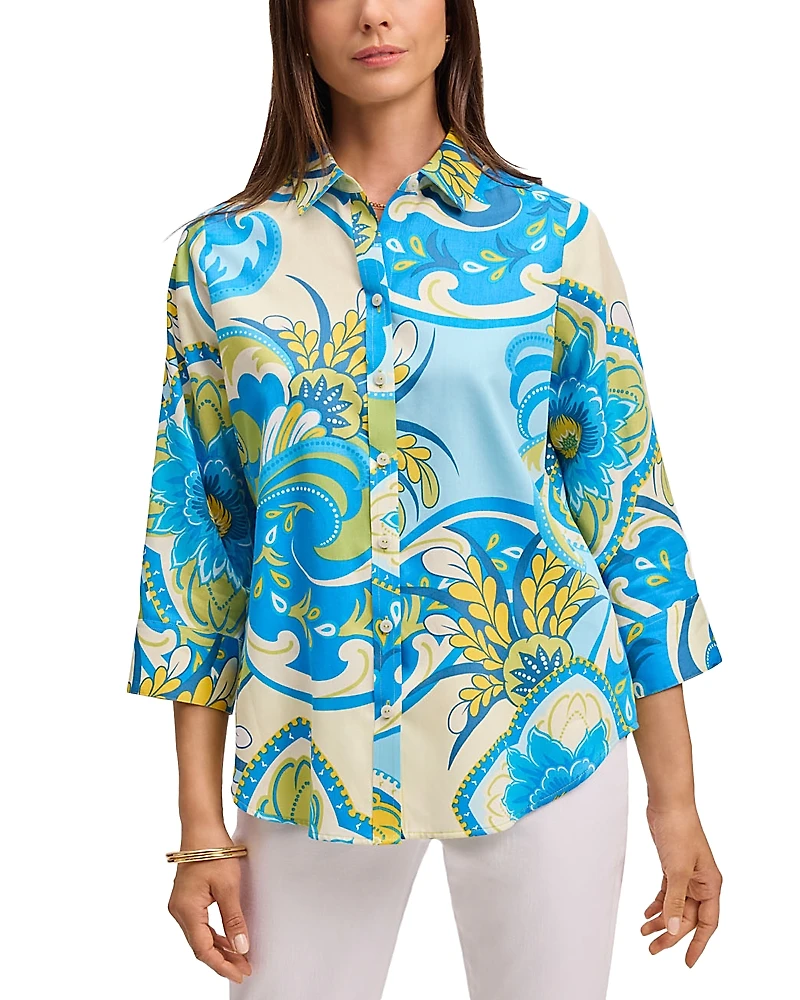 Foxcroft Margie 3/4 Sleeved Tropical Jacobean Shirt
