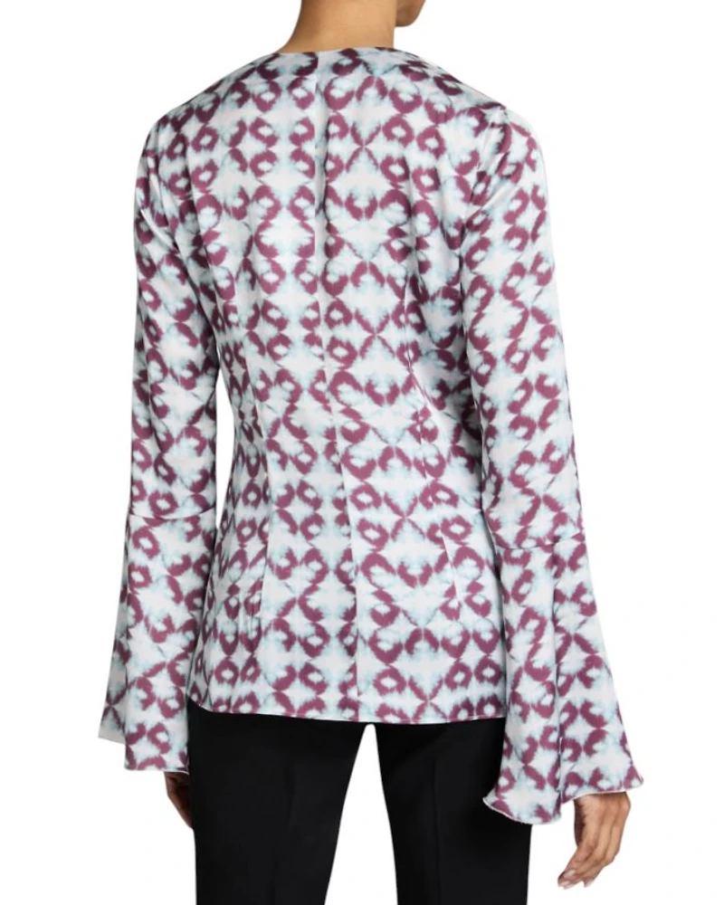 SYDNEY Long Sleeve Button Down Blouse with Ruffles Graphic Printed Charmeuse