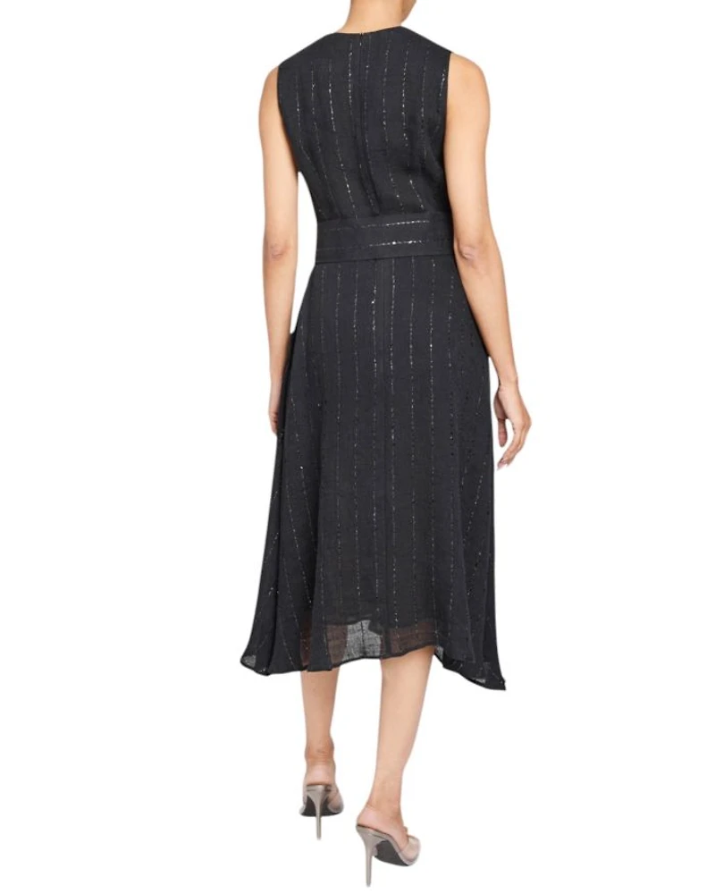 NIA Sleeveless Midi Dress with Asymmetric Hemline and Button Details Metallic Striped Linen