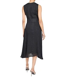 NIA Sleeveless Midi Dress with Asymmetric Hemline and Button Details Metallic Striped Linen
