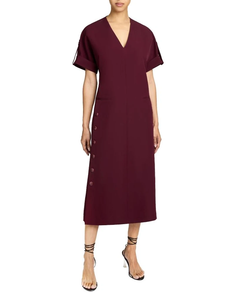 SERAFINA Short Sleeve Midi Shift Dress with Side Skirt Buttons Fluid Techno Crepe