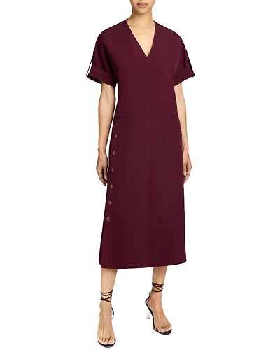 SERAFINA Short Sleeve Midi Shift Dress with Side Skirt Buttons Fluid Techno Crepe