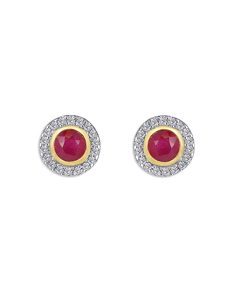 Moon & Meadow 14K Yellow Gold Ruby & Diamond Halo Stud Earrings