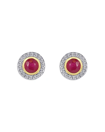 Moon & Meadow 14K Yellow Gold Ruby & Diamond Halo Stud Earrings