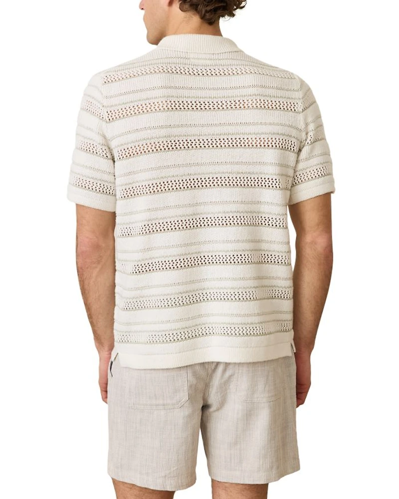 Open Knit Striped Short Sleeve Button Up
