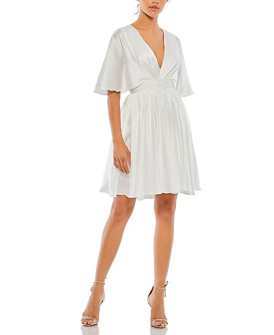 Mac Duggal Satin Flowy Cape Sleeve Mini Dress