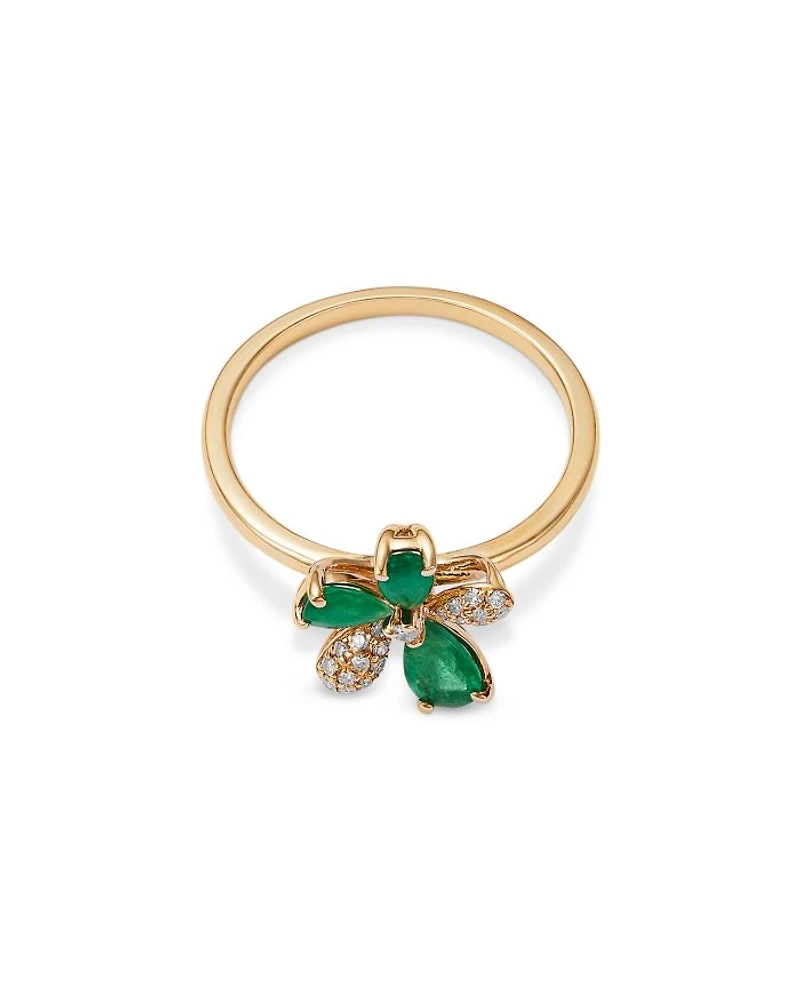 Emerald & Diamond Flower Ring in 14K Yellow Gold