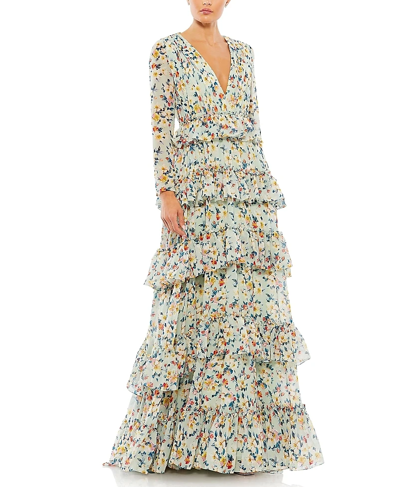 Mac Duggal Floral Printed Tiered Ruffle Long Sleeve Gown