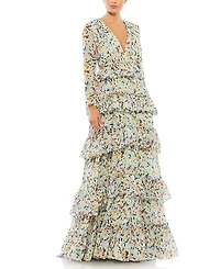 Mac Duggal Floral Printed Tiered Ruffle Long Sleeve Gown