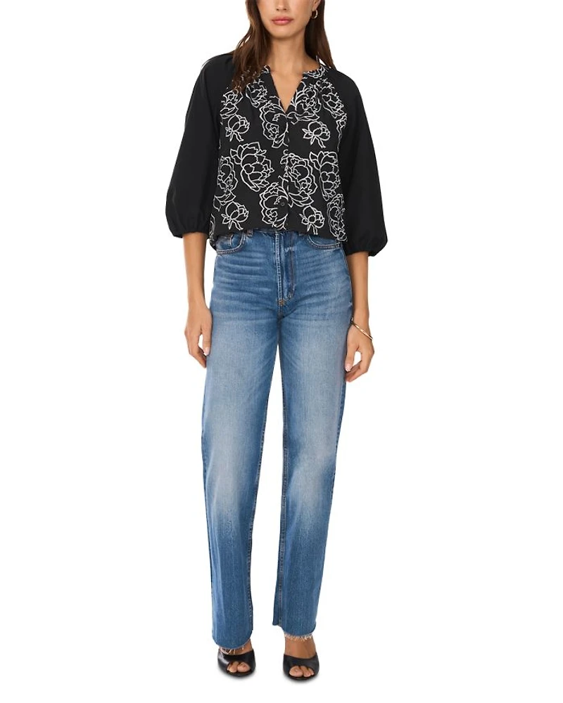 Raglan Sleeve Embroidered Button Down Shirt