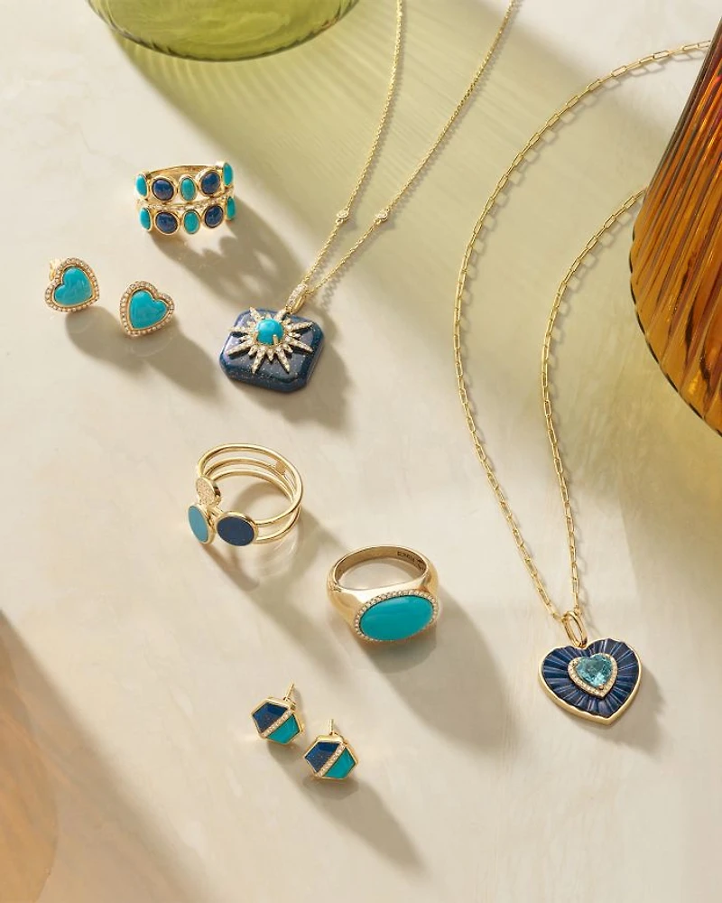Lapis, Turquoise, & Diamond Starburst Pendant Necklace in 14K Yellow Gold, 18"