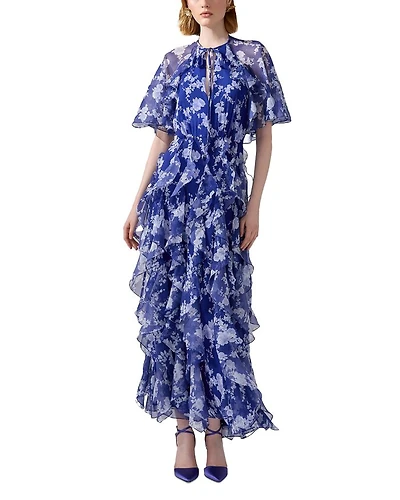 Silk Short Sleeve Tie Cape Ruffle Dress
